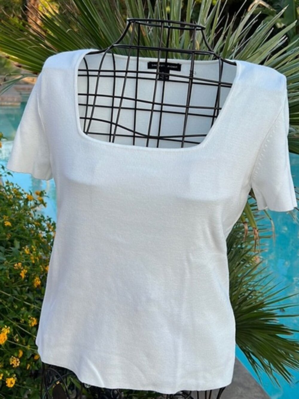 Saks Fifth Avenue White Ribbed Square Neck Knit Top XS